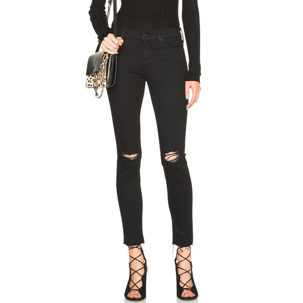 NWT Mother The Looker Ankle Fray Guilty As Sin Distressed Black Skinny Jeans 24